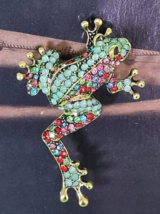 Multi coloured crystal frog brooch