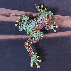 Multi coloured crystal frog brooch.